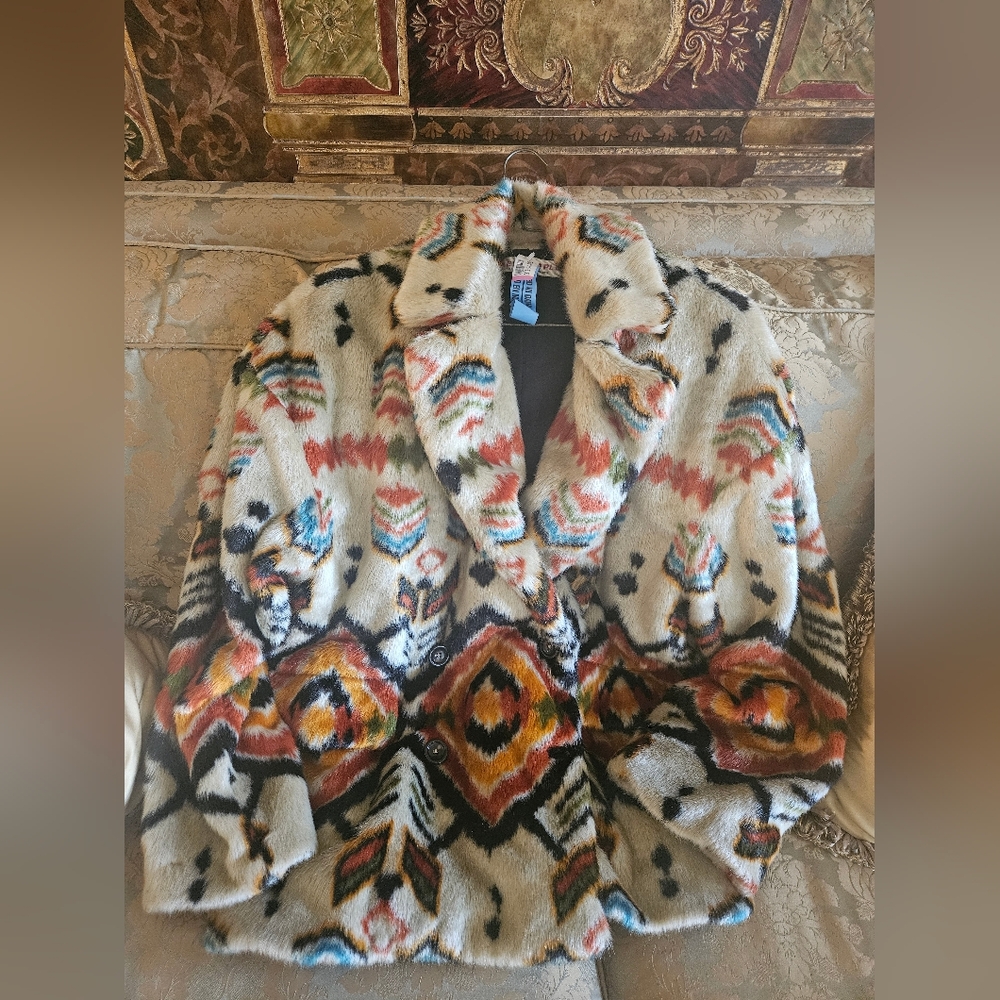 Free People Carmella Multicolor Tribal Print Faux Fur Jacket